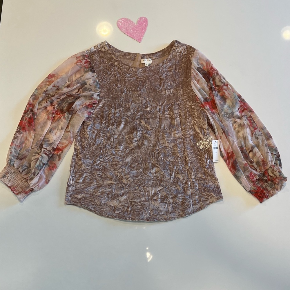 Meadow Rue for Anthropologie Crushed Velvet Top with Floral Sleeves Size L NWT - Picture 5 of 11